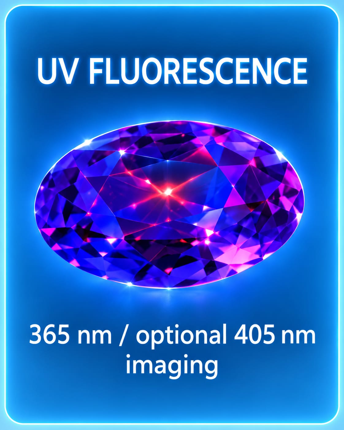 Gemstone UV fluorescence imaging showing optical reaction patterns at 365nm and 405nm