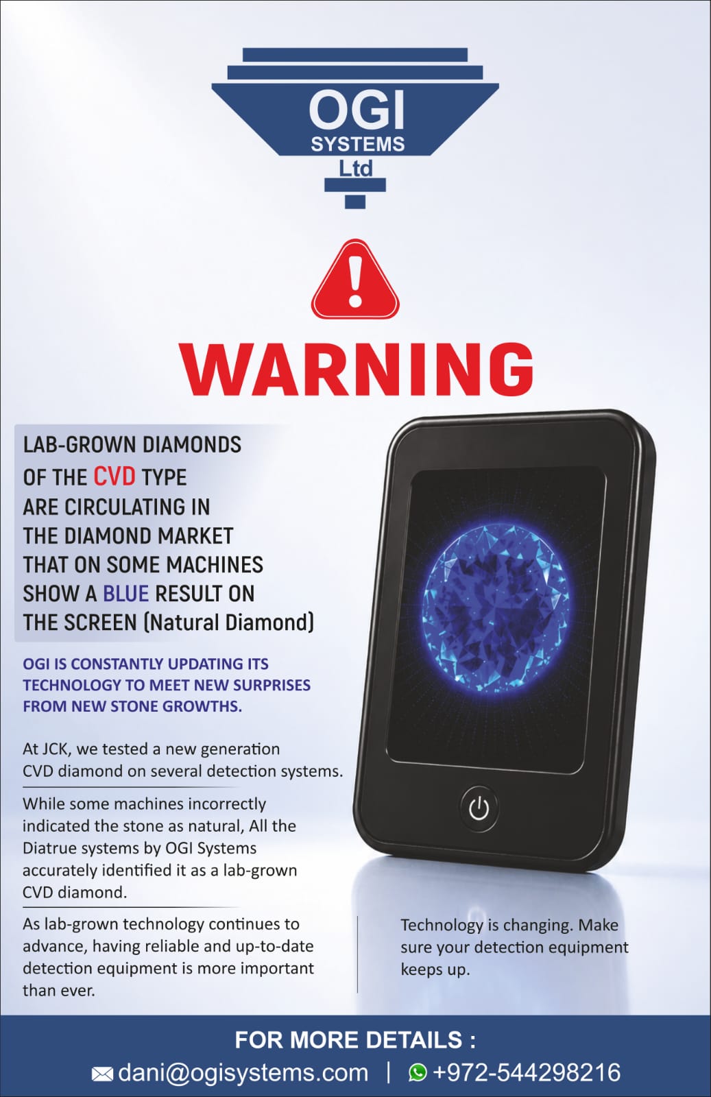 OGI Systems Ltd. desktop banner warning that CVD lab-grown diamonds are circulating the market and showing a misleading blue result ('Natural Diamond') on some testing machines. It highlights that OGI's Diatrue systems accurately detect them, includes contact details, and a 'Book a Demo' button.